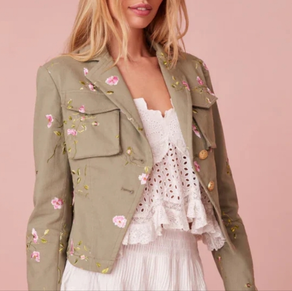LoveShackFancy Dolisa Embroidered Military Utility Jacket Olive Green Size 2 XS